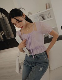 Sheer Hollow Tie Strap Cinched Top