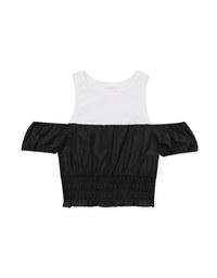 Patchwork Cut Off Shoulder Bubble Sleeve Top
