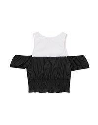 Patchwork Cut Off Shoulder Bubble Sleeve Top
