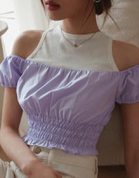 Patchwork Cut Off Shoulder Bubble Sleeve Top