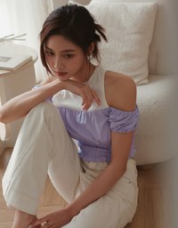 Patchwork Cut Off Shoulder Bubble Sleeve Top