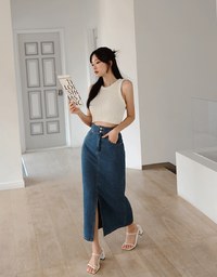 【Den!m LITE】Perfect Waistline Midi SKIRT Lightweigth Fabric Extra High Waisted Flared Jeans Denim Skirt DNA