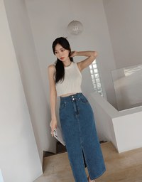 【Den!m LITE】Perfect Waistline Midi SKIRT Lightweigth Fabric Extra High Waisted Flared Jeans Denim Skirt DNA