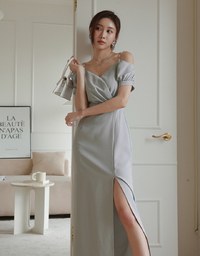 Elegant Pearl Strap Puff Sleeve Maxi Dress