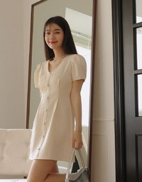 Button Bubble Sleeve Mini Dress