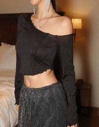 Glittery Sheer Asymmetrical Shoulder Top