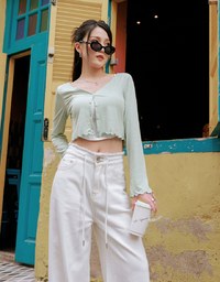 【HXA Design】Embossed Ruffle Trimmed Button Up Top H06