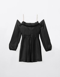 [Mercedes' Design] Pearl Embellished Shoulder Strap Sheer Padded Mini Dress