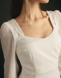 Sheer Mesh Lantern Sleeve Mini Dress With Pearl Chain Strap