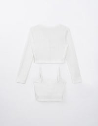Pearl Button Knitted Fitted Cardigan With Solid Color Padded Bra Top Set Wear