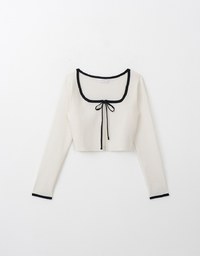 Preppy Ribbed Cardigan Knit Top With Tie Up Bow