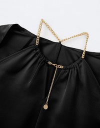 Halter Cutout Satin Top With Gold Chain Design