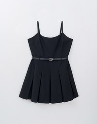 Preppy Style Pleated Cami Mini Dress Made of Suit Fabric (With Belt)