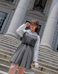 Preppy Style Pleated Cami Mini Dress Made of Suit Fabric (With Belt)
