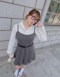 Preppy Style Pleated Cami Mini Dress Made of Suit Fabric (With Belt)