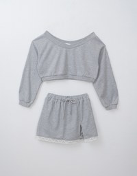 Classic Long Sleeve Cotton Sweatshirt With Lace Hem Skorts Set Wear