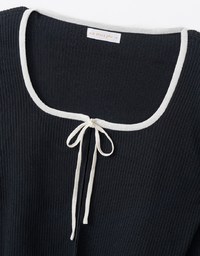 Preppy Ribbed Cardigan Knit Top With Tie Up Bow