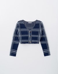 Long Sleeve Retro Plaid Preppy Knit Cardigan