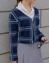 Long Sleeve Retro Plaid Preppy Knit Cardigan