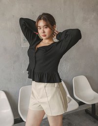 Solid Ruffle Hem Ribbed Knit Blouse