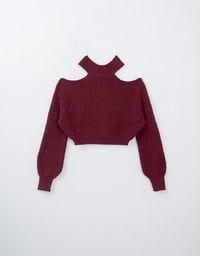 Cut Out Shoulder Halter Neck Long Sleeve Knit Top