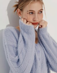 Long Sleeve Fluffy Mohair Ribbed Cropped Top