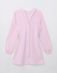 Lightweight Fleece Hooded Mini Dress with Button Closure
