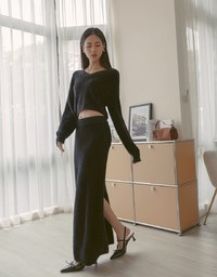 V Neck Fluffy Long Sleeve Top And Bodycon Slit Maxi Skirt Set Wear