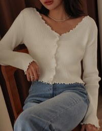 Pearl Button Ruffle Trim Heavyweight Knitted Top