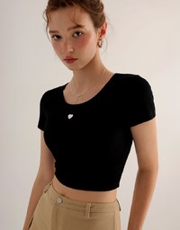 Ribbed Knit Crop Tee with Logo Heart Charm Accent