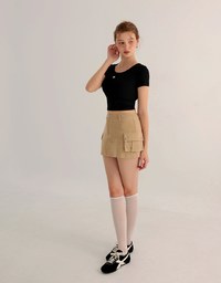 Ribbed Knit Crop Tee with Logo Heart Charm Accent