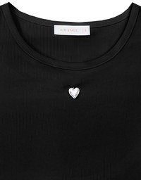 Ribbed Knit Crop Tee with Logo Heart Charm Accent
