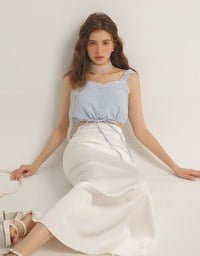 Lace Trim Buttoned Cropped Cami Top with Drawstring Hem