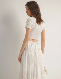 Crinkled Textured Button Down Scoop Neck Cropped Top