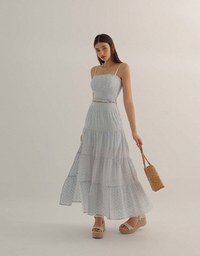 Lace SKIRT Embroidered Shirred Detail Tiered Maxi Skirt with Lining