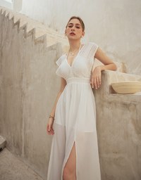 Elegant Boho V Neck Padded Maxi Dress with Crochet Detail