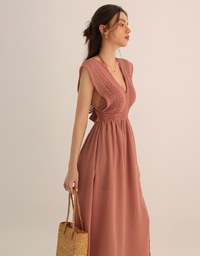 Elegant Boho V Neck Padded Maxi Dress with Crochet Detail