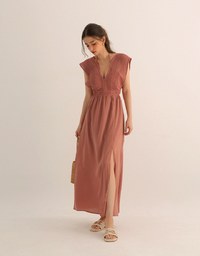 Elegant Boho V Neck Padded Maxi Dress with Crochet Detail