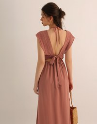 Elegant Boho V Neck Padded Maxi Dress with Crochet Detail