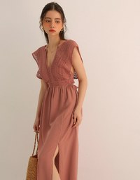 Elegant Boho V Neck Padded Maxi Dress with Crochet Detail