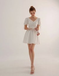 Buttoned V Neck flare Mini Dress with Cut Out Waist and Puff Sleeves Detail