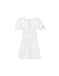 Buttoned V Neck flare Mini Dress with Cut Out Waist and Puff Sleeves Detail