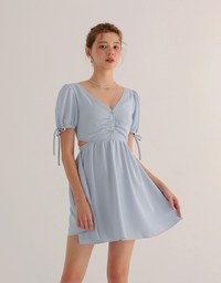 Buttoned V Neck flare Mini Dress with Cut Out Waist and Puff Sleeves Detail