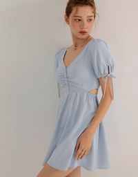 Buttoned V Neck flare Mini Dress with Cut Out Waist and Puff Sleeves Detail