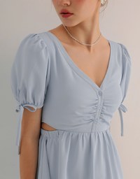Buttoned V Neck flare Mini Dress with Cut Out Waist and Puff Sleeves Detail