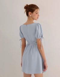 Buttoned V Neck flare Mini Dress with Cut Out Waist and Puff Sleeves Detail
