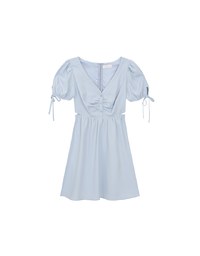 Buttoned V Neck flare Mini Dress with Cut Out Waist and Puff Sleeves Detail