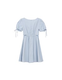 Buttoned V Neck flare Mini Dress with Cut Out Waist and Puff Sleeves Detail