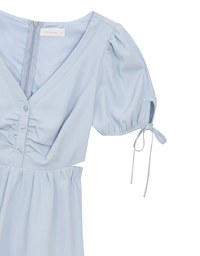 Buttoned V Neck flare Mini Dress with Cut Out Waist and Puff Sleeves Detail