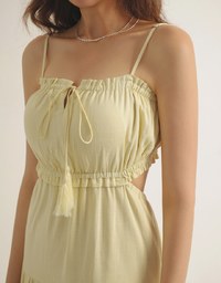 Spaghetti Strap Tassel Front Padded Maxi Dress Featuring Waist Cutouts